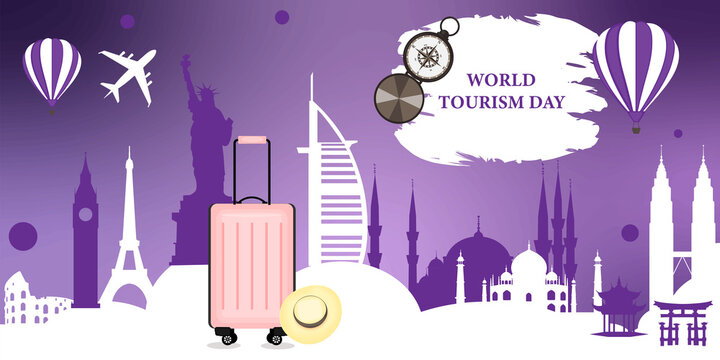 World Tourism Day, suitcase, hat, compass, airplane, balloon, monuments, architecture, fashion flat illustration, banner