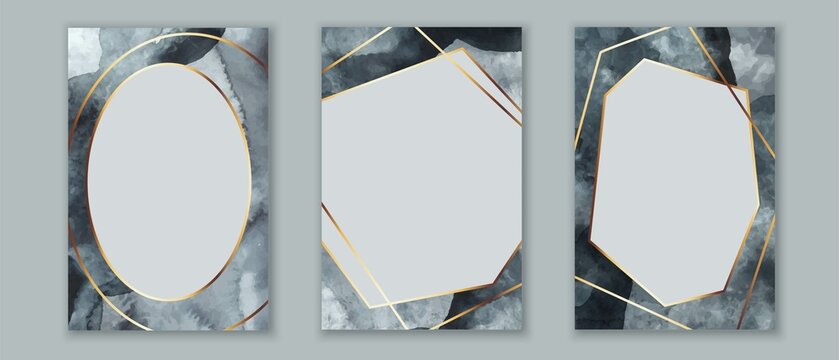 Cards with geometric frames and golden lines. Grey, black, white grunge watercolor textures . Place for text.