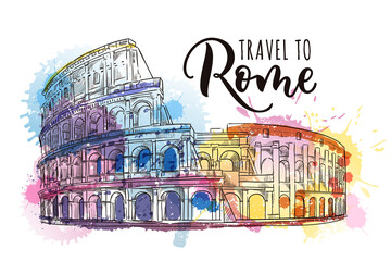 Travel to Rome poster, greeting card print. Vector sketch illustration of Colosseum on colorful watercolor backgorund - obrazy, fototapety, plakaty