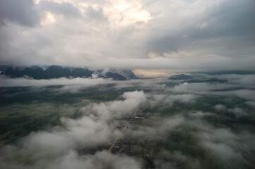 Vang Vieng landscape from above view, Central Laos
