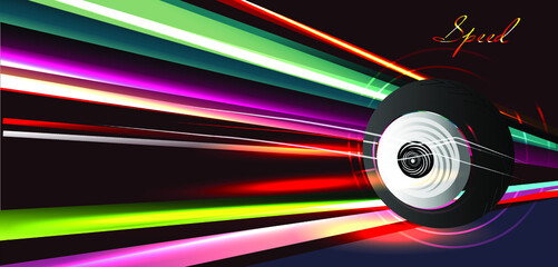 Dynamic abstract background with a car wheel and stripes of light. Night Road
