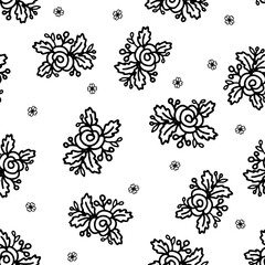 Floral black and white seamless pattern for textile or design background with hand drawn rose flower