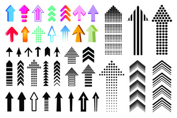 Up direction arrow set. Collection of black and colorful arrows isolated on white background. Arrows up vector illustration