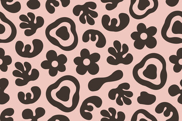 Abstract seamless pattern with flat geometric shapes, abstract organic shapes and flowers in pink and brown colors. 