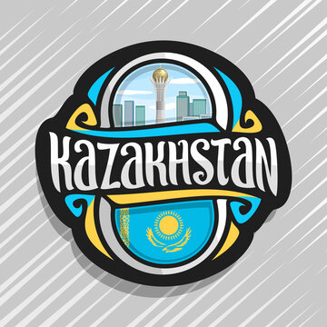 Vector logo for Kazakhstan country, fridge magnet with kazakh state flag, original brush typeface for word kazakhstan, national kazakh symbol - Baiterek Tower in Astana on blue cloudy sky background