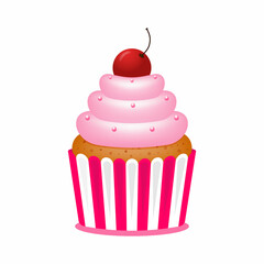 Сupcake with cherry. Color vector illustration. Isolated on white background.	