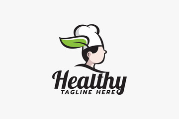 Healthy catering logo with a chef wearing a leaf-winged hat. Suitable for catering, restaurant, cafe, etc.