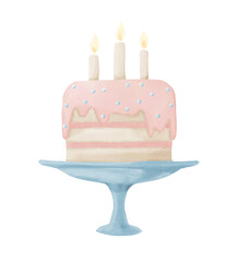 Birthday Cake with Candles. Cute Watercolor illustration in pink and blue Pastel colors. Hand drawn sketch for Wedding or party invitations