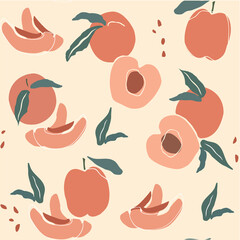Seamless pattern vector with peach ,leaves and polka dot shapes . Trendy design for paper, wrapping, textile, wallpaper, cover, fabric, interior decor.