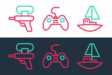 Set line Toy boat, Water gun and Gamepad icon. Vector