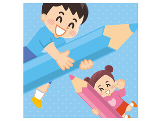 大きな色鉛筆を持っている子供