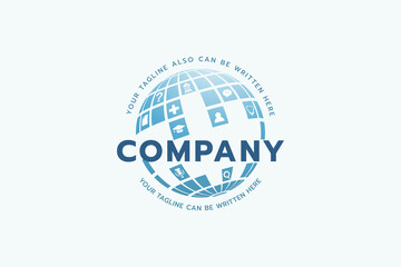 world medical logo with digital globe containing medical and education icons.