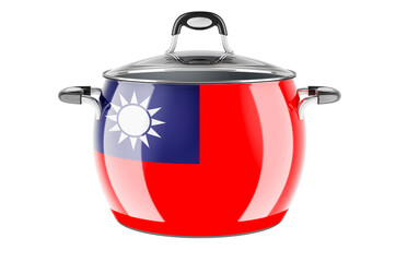 Taiwanese national cuisine concept. Taiwanese flag painted on the stainless steel stock pot. 3D rendering