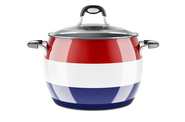 The Netherlands national cuisine concept. The Netherlands flag painted on the stainless steel stock pot. 3D rendering