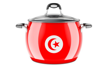 Tunisian national cuisine concept. Tunisian flag painted on the stainless steel stock pot. 3D rendering