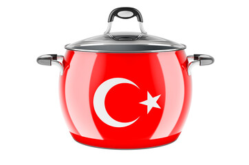 Turkish national cuisine concept. Turkish flag painted on the stainless steel stock pot. 3D rendering