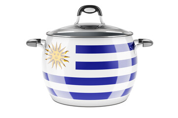 Uruguayan national cuisine concept. Uruguayan flag painted on the stainless steel stock pot. 3D rendering