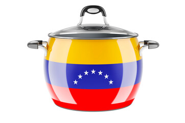 Venezuelan national cuisine concept. Venezuelan flag painted on the stainless steel stock pot. 3D rendering
