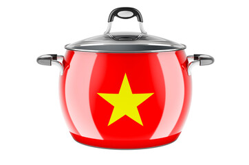 Vietnamese national cuisine concept. Vietnamese flag painted on the stainless steel stock pot. 3D rendering