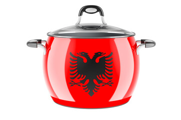 Albanian national cuisine concept. Albanian flag painted on the stainless steel stock pot. 3D rendering