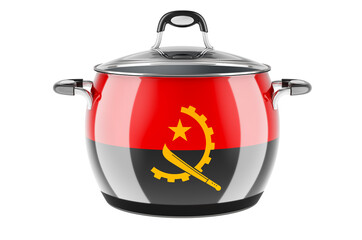 Angolan national cuisine concept. Angolan flag painted on the stainless steel stock pot. 3D rendering