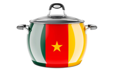 Cameroonian national cuisine concept. Cameroonian flag painted on the stainless steel stock pot. 3D rendering