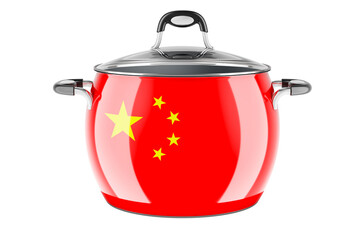 Chinese national cuisine concept. Chinese flag painted on the stainless steel stock pot. 3D rendering