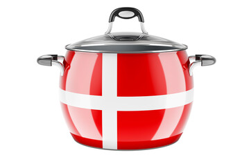 Danish national cuisine concept. Danish flag painted on the stainless steel stock pot. 3D rendering