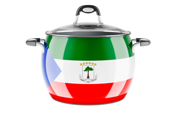 Equatoguinean Guinea national cuisine concept. Equatoguinean Guinea flag painted on the stainless steel stock pot. 3D rendering