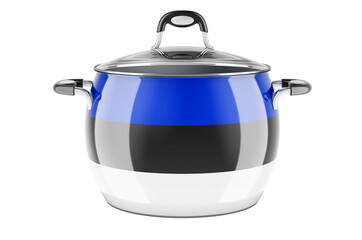 Estonian national cuisine concept. Estonian flag painted on the stainless steel stock pot. 3D rendering