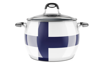 Finnish national cuisine concept. Finnish flag painted on the stainless steel stock pot. 3D rendering