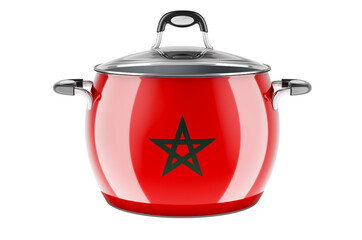 Moroccan national cuisine concept. Moroccan flag painted on the stainless steel stock pot. 3D rendering