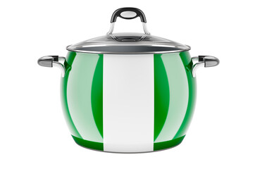 Nigerian national cuisine concept. Nigerian flag painted on the stainless steel stock pot. 3D rendering