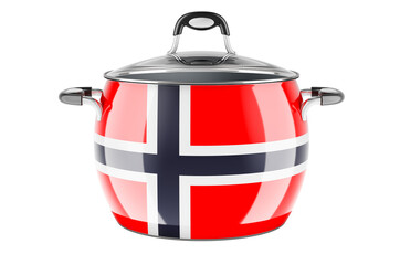 Norwegian national cuisine concept. Norwegian flag painted on the stainless steel stock pot. 3D rendering