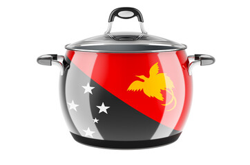 Papuan New Guinean national cuisine concept. Papuan New Guinean flag painted on the stainless steel stock pot. 3D rendering