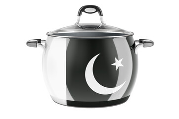 Pakistani national cuisine concept. Pakistani flag painted on the stainless steel stock pot. 3D rendering
