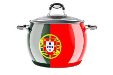 Portuguese national cuisine concept. Portuguese flag painted on the stainless steel stock pot. 3D rendering