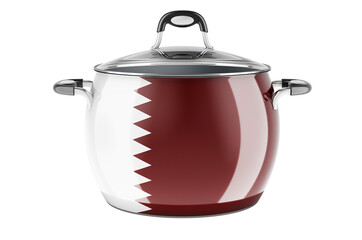 Qatari national cuisine concept. Qatari flag painted on the stainless steel stock pot. 3D rendering