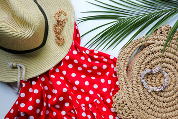 women's fashion and style. trendy summer look. women's accessories. a red dress with white polka...