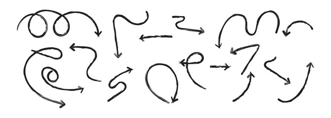 Hand drawn arrow set. Grunge brush arrows collection. Vector isolated illustration.