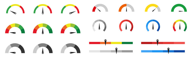 Big speedometer icons set.  Vector illustration. Car dashboards collection. Set of speedometer or gauge indicator symbol set.