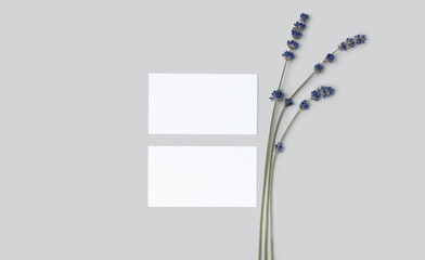 Mockup two cutaway, discount, business card on a grey minimalism background and lavender flowers