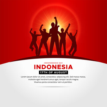 Shiny Indonesia Independence Day design with silhouette of cheerful youth vector.