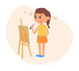 Brunette young girl painting on the easel. Cute cartoon child character. Vector illustration.
