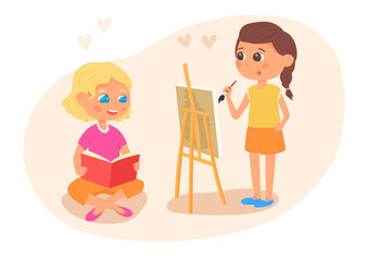 Set of kid. Brunette young girl drawing while standing at the easel. A blue-eyed young girl siting in a lotus pose and reading a book. Leisure time and hobbies. Vector flat illustration.