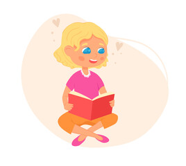 A blue-eyed young girl siting in a lotus pose and reading a book. Book lover, cute smiling girl. Cartoon child. Hand drawn Vector illustration.
