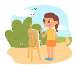 Art & IllustrationCartoon little cute girl standing at easel to draw the painting. Handcraft, creative hobby concept. Plein air in nature. Kid, child. Vector illustration.