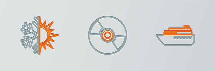 Set line Ship, Sun and snowflake and CD or DVD disk icon. Vector