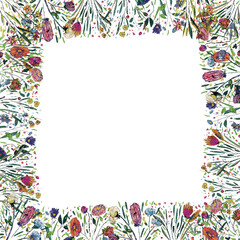 Greeting card with watercolor flowers. Abstract floral frame. Botanical hand drawn border.