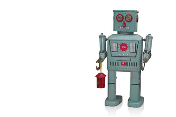 beautiful green and red zinc robot toy standing on white background, object, fashion, gift, decor, copy space